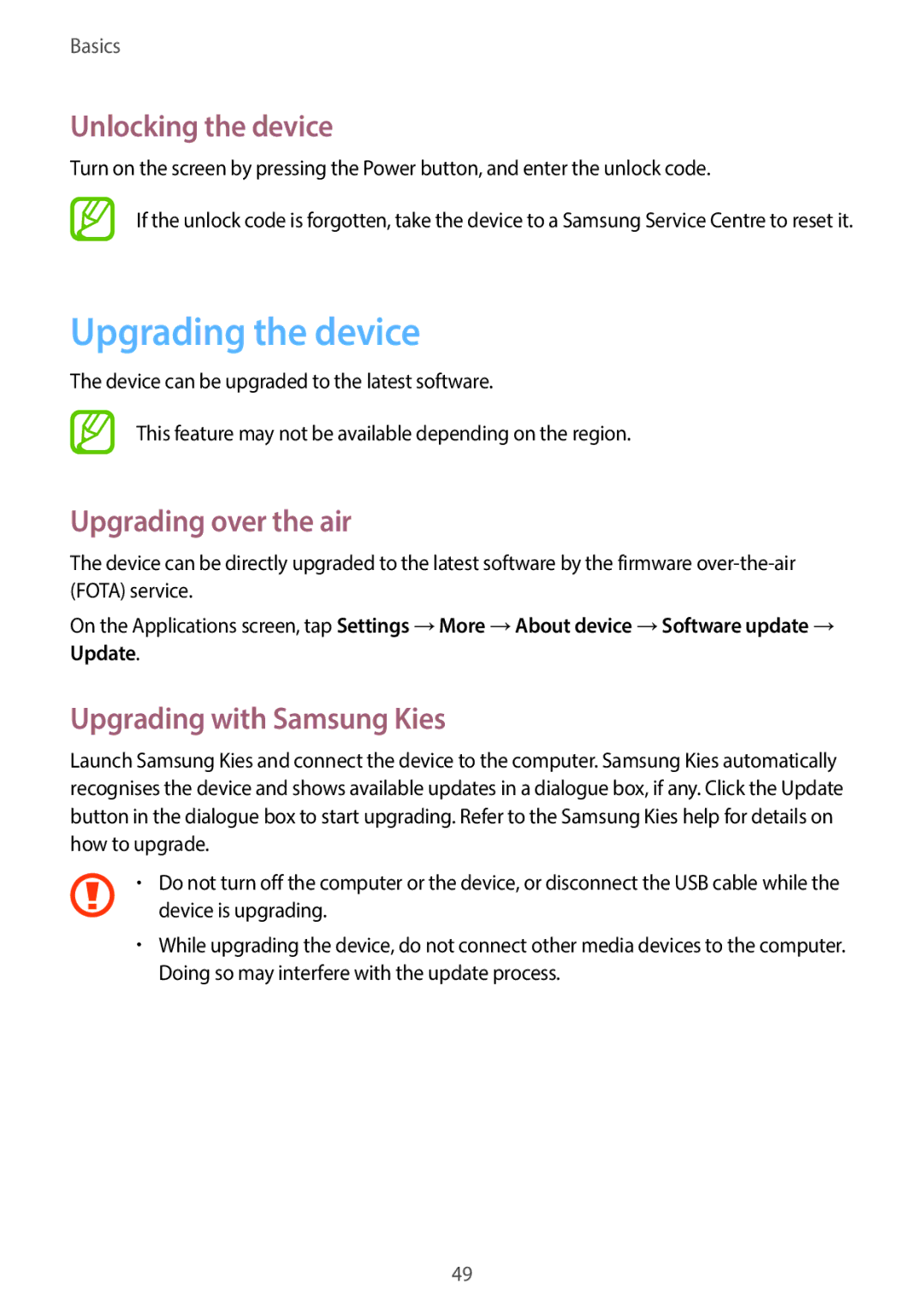 Samsung EKGC200ZWAXA Upgrading the device, Unlocking the device, Upgrading over the air, Upgrading with Samsung Kies 