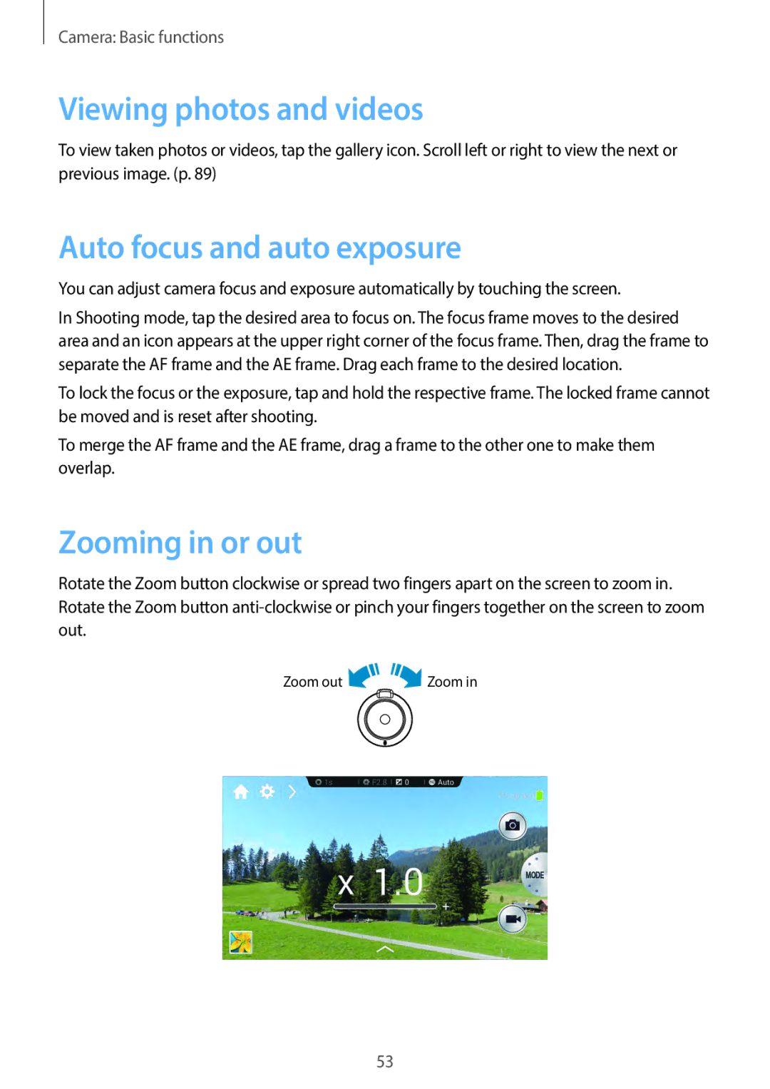 Samsung EKGC200ZWAXA, EKGC200ZKAXA user manual Viewing photos and videos, Auto focus and auto exposure, Zooming in or out 
