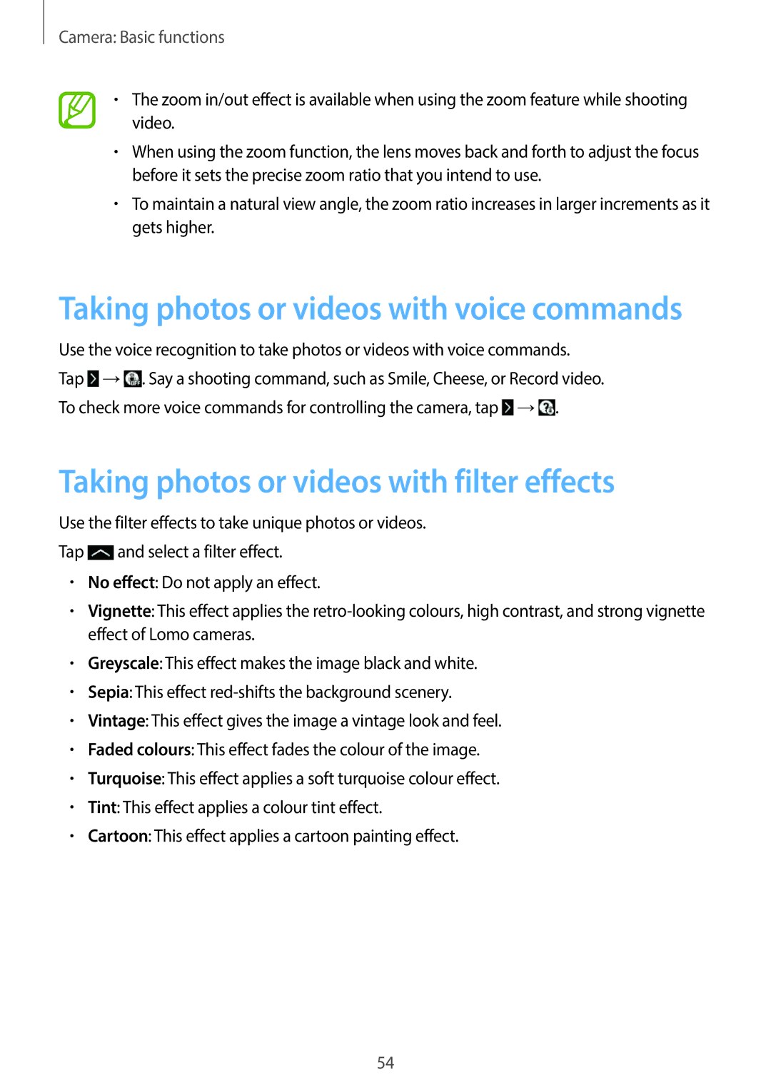 Samsung EKGC200ZKAXA user manual Taking photos or videos with filter effects, Taking photos or videos with voice commands 