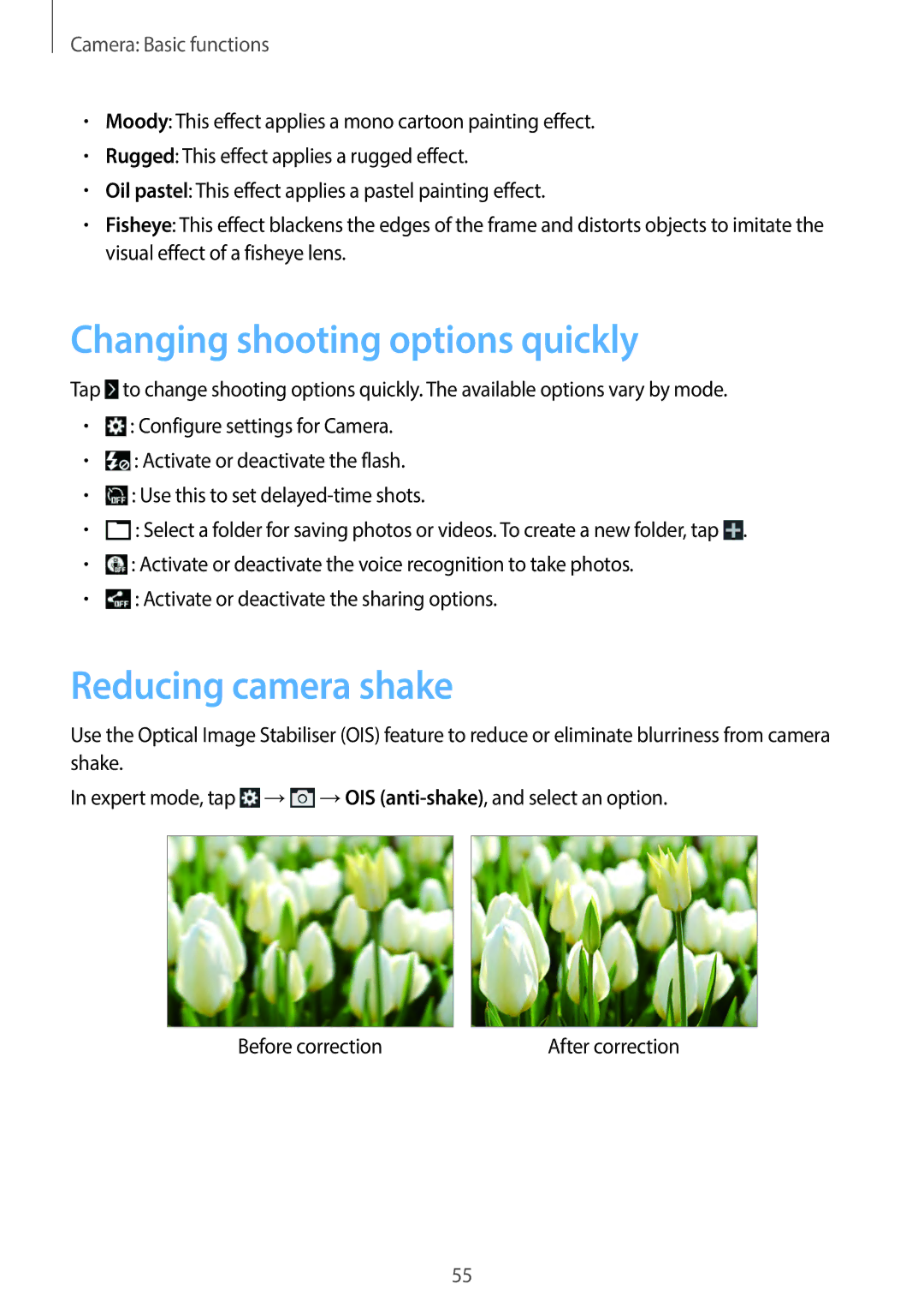 Samsung EKGC200ZWAXA, EKGC200ZKAXA user manual Changing shooting options quickly, Reducing camera shake 