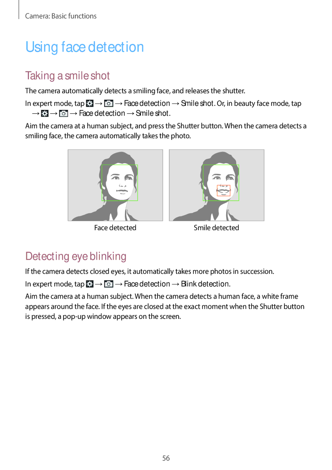 Samsung EKGC200ZKAXA Using face detection, Taking a smile shot, Detecting eye blinking, → → →Face detection →Smile shot 