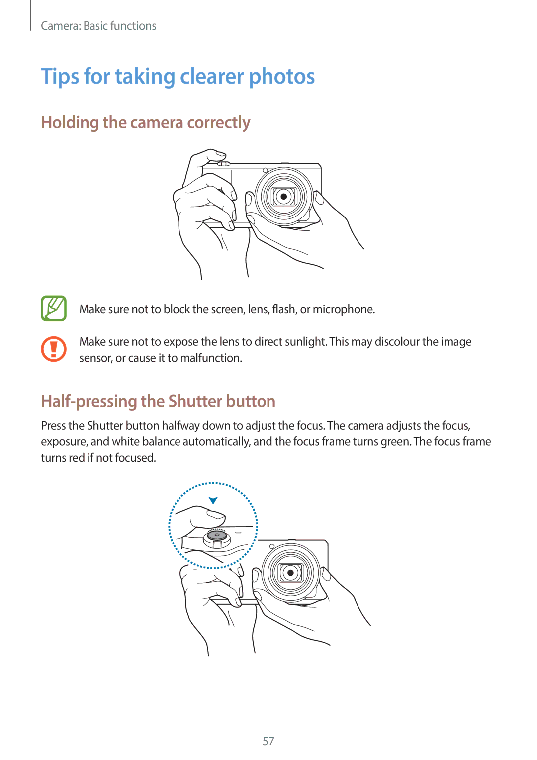 Samsung EKGC200ZWAXA Tips for taking clearer photos, Holding the camera correctly, Half-pressing the Shutter button 