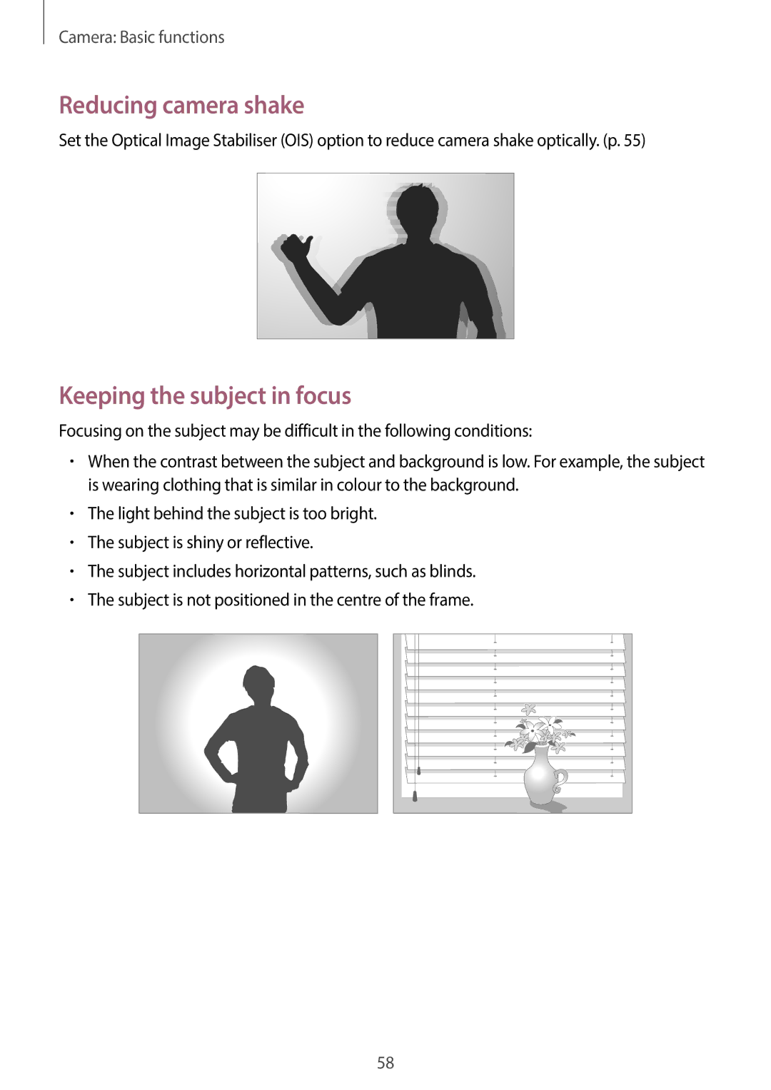 Samsung EKGC200ZKAXA, EKGC200ZWAXA user manual Reducing camera shake, Keeping the subject in focus 