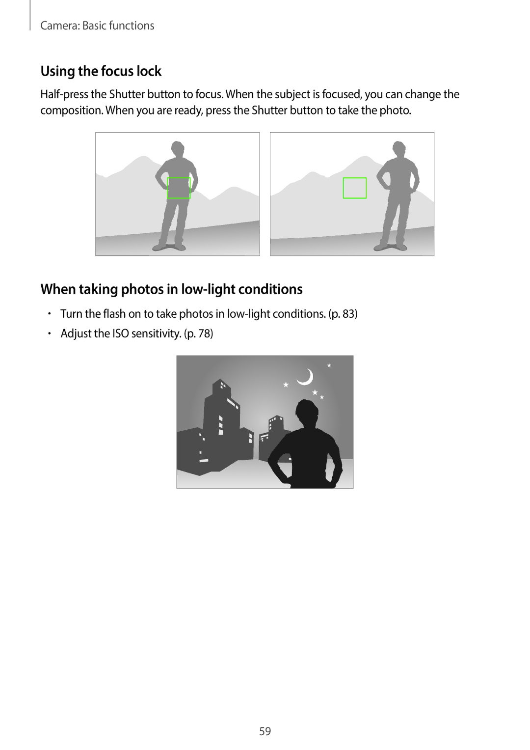 Samsung EKGC200ZWAXA, EKGC200ZKAXA user manual Using the focus lock, When taking photos in low-light conditions 