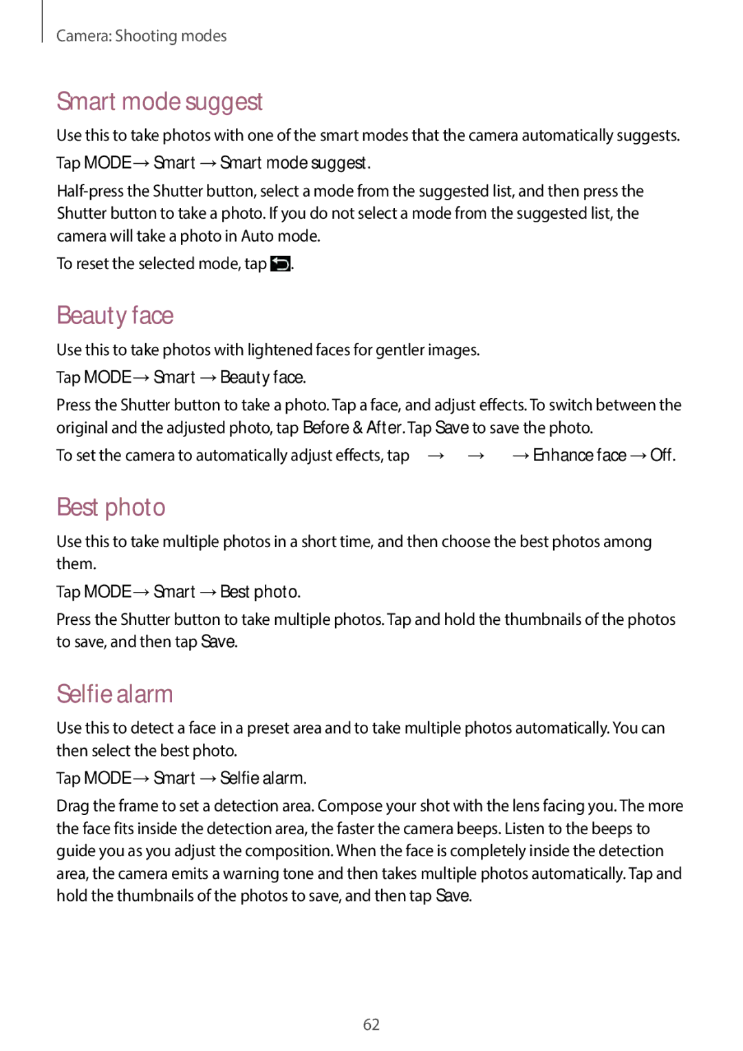 Samsung EKGC200ZKAXA, EKGC200ZWAXA user manual Smart mode suggest, Beauty face, Best photo, Selfie alarm 