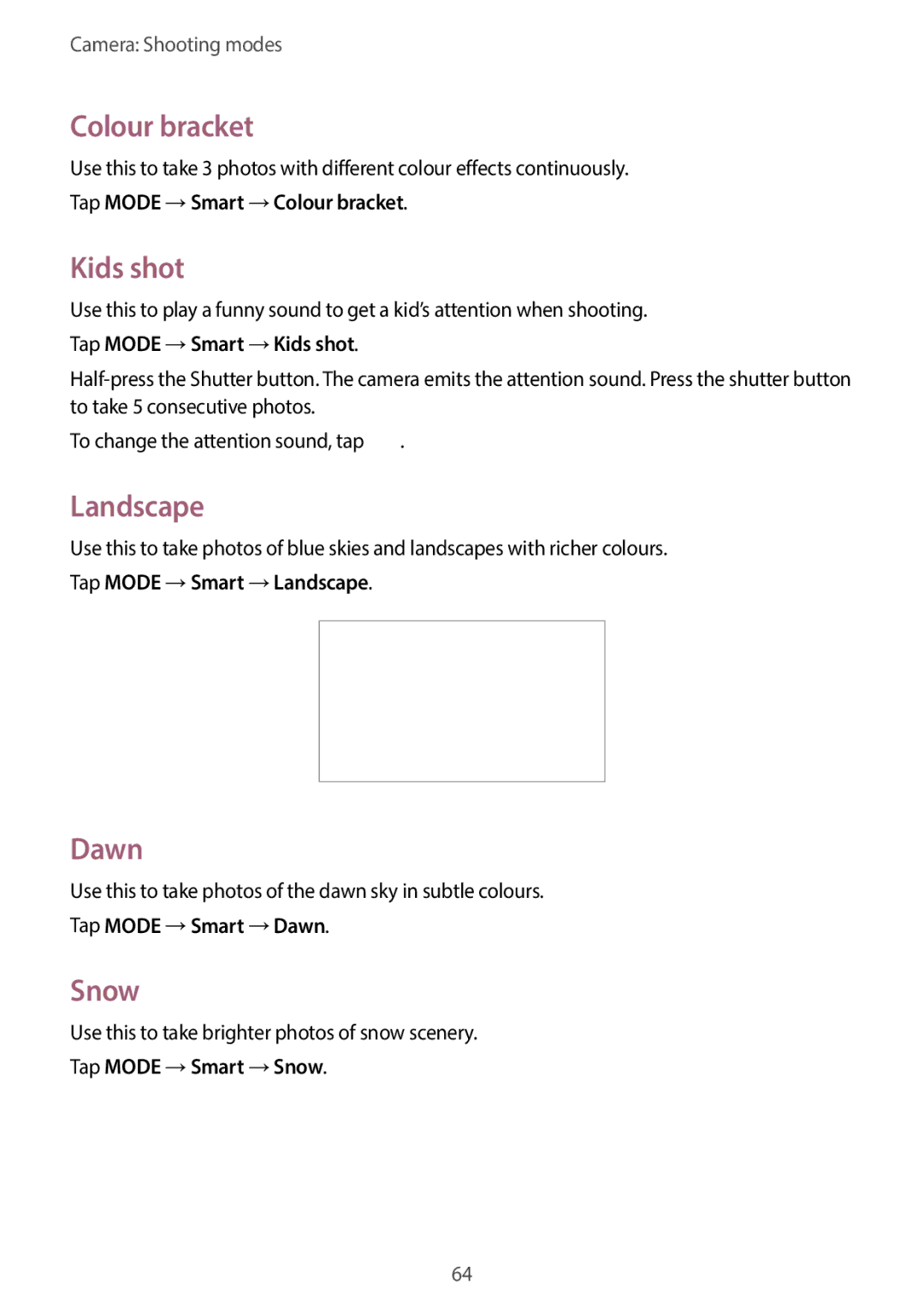 Samsung EKGC200ZKAXA, EKGC200ZWAXA user manual Colour bracket, Kids shot, Landscape, Dawn, Snow 