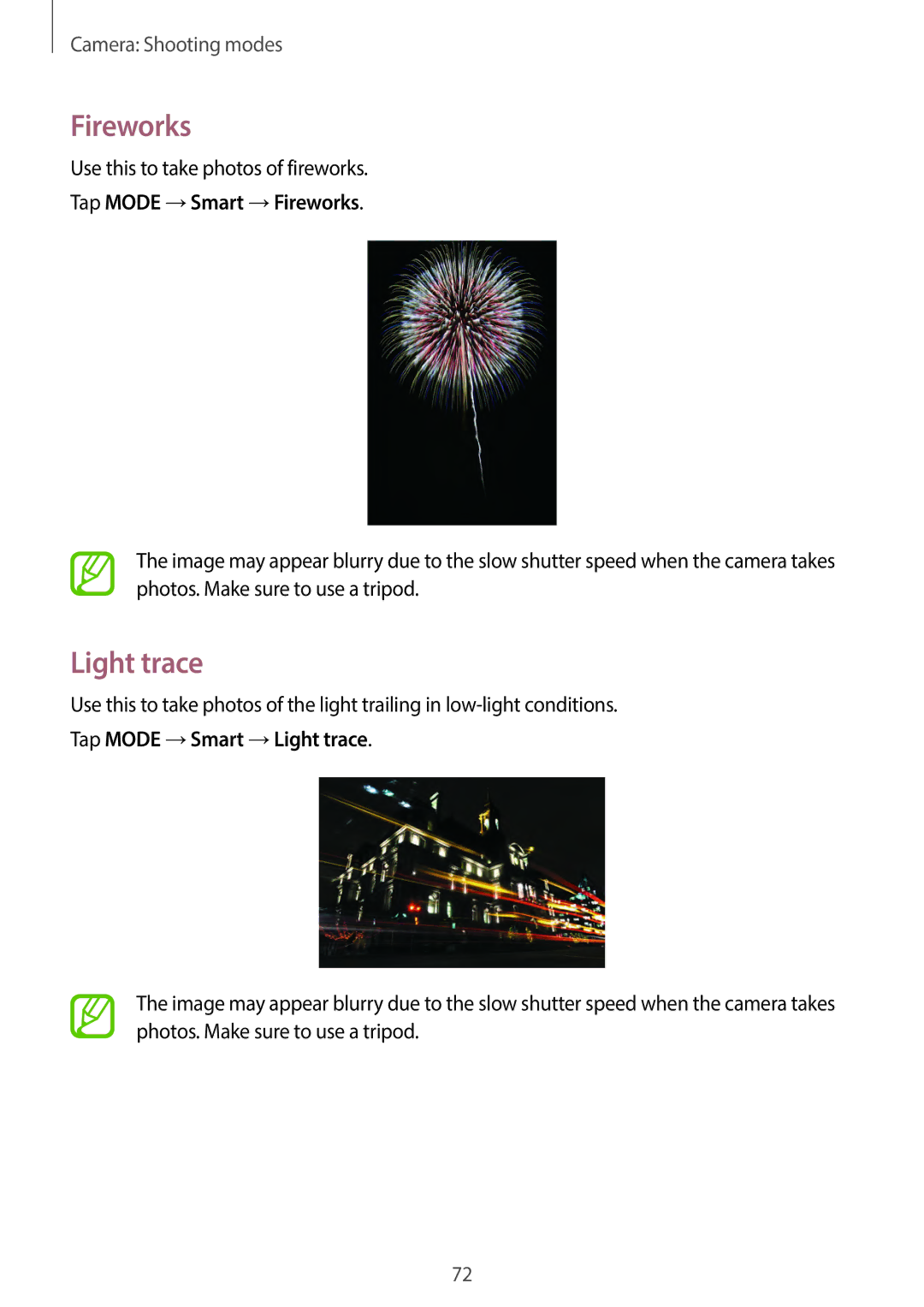 Samsung EKGC200ZKAXA, EKGC200ZWAXA user manual Tap Mode →Smart →Fireworks, Tap Mode →Smart →Light trace 