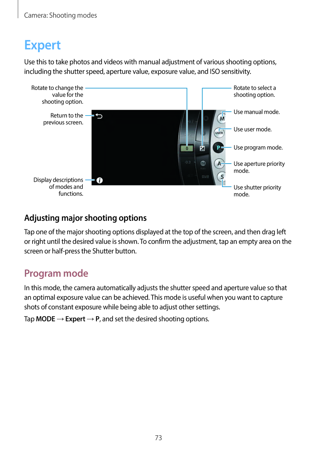 Samsung EKGC200ZWAXA, EKGC200ZKAXA user manual Expert, Program mode, Adjusting major shooting options 