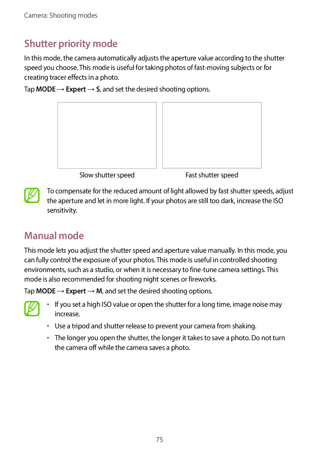 Samsung EKGC200ZWAXA, EKGC200ZKAXA user manual Shutter priority mode, Manual mode 