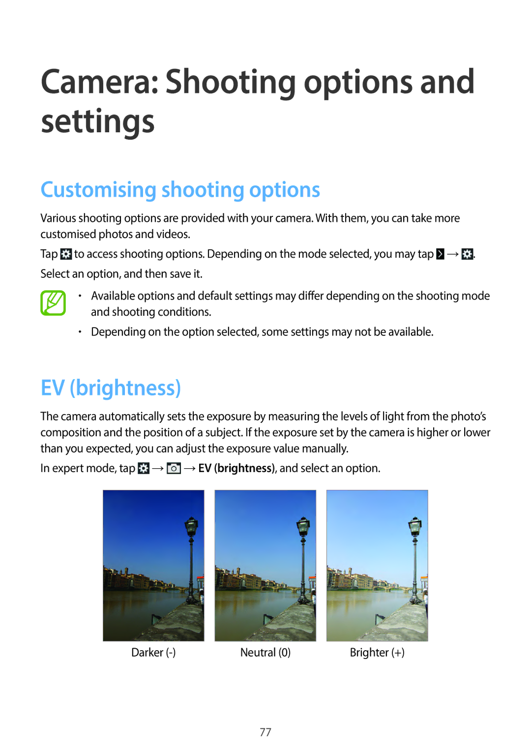 Samsung EKGC200ZWAXA, EKGC200ZKAXA Camera Shooting options and settings, Customising shooting options, EV brightness 