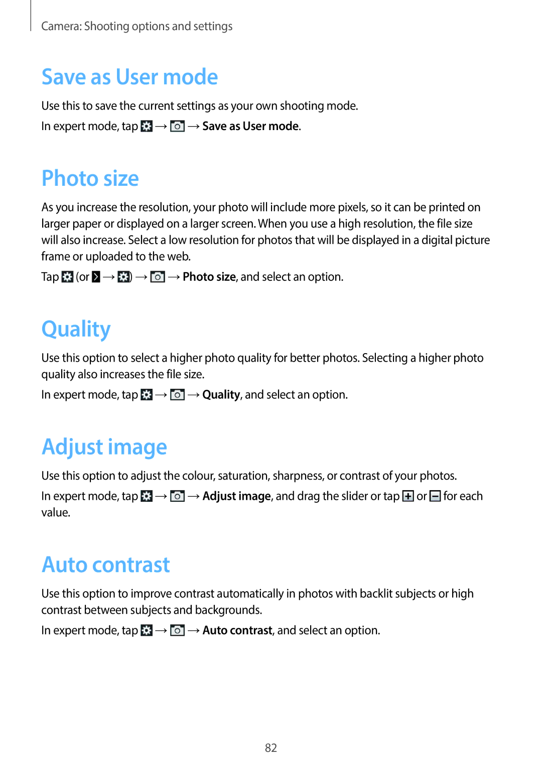 Samsung EKGC200ZKAXA, EKGC200ZWAXA user manual Save as User mode, Photo size, Quality, Adjust image, Auto contrast 