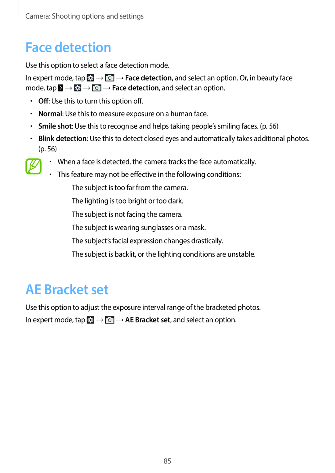 Samsung EKGC200ZWAXA, EKGC200ZKAXA user manual Face detection, AE Bracket set 