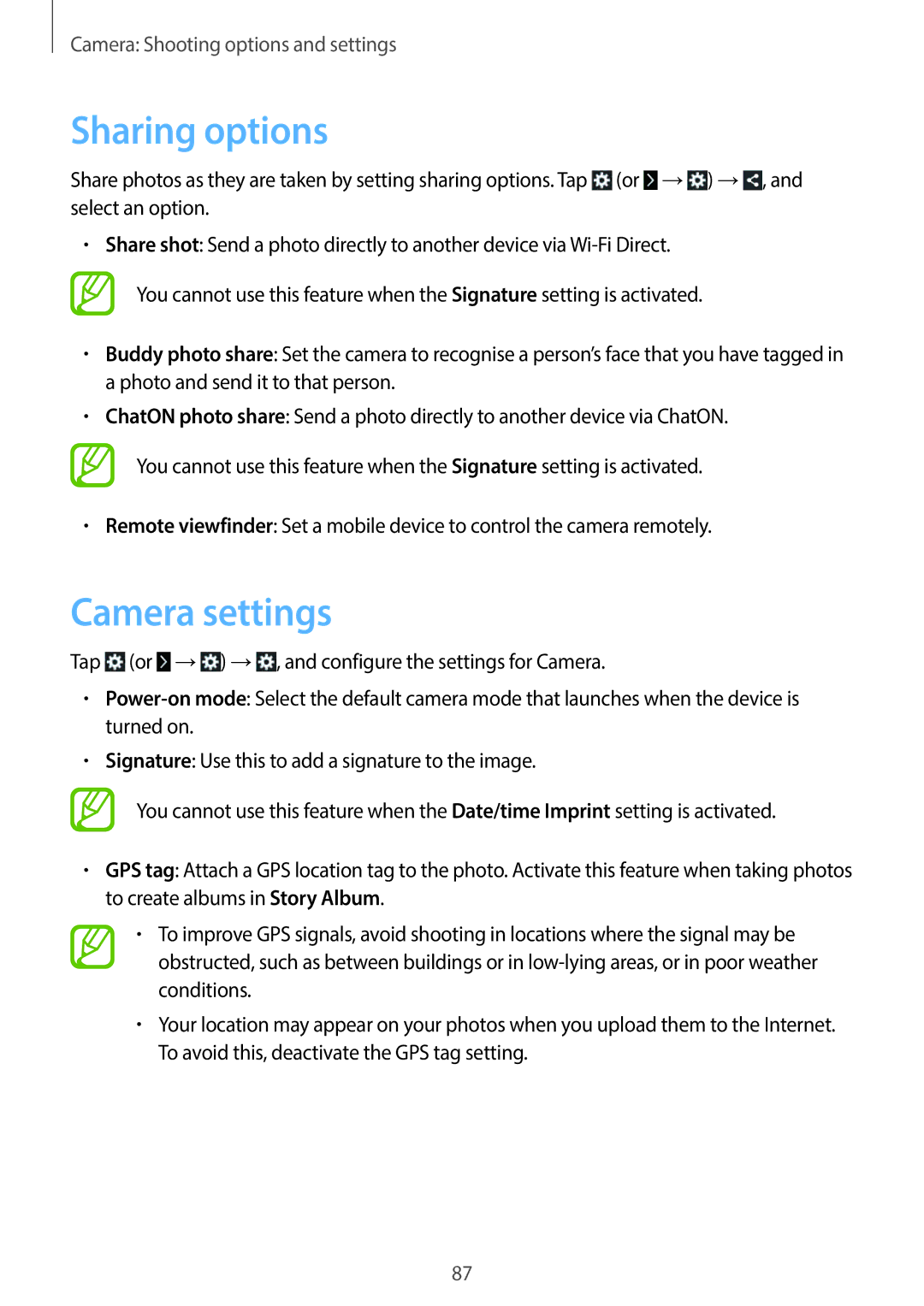 Samsung EKGC200ZWAXA, EKGC200ZKAXA user manual Sharing options, Camera settings 