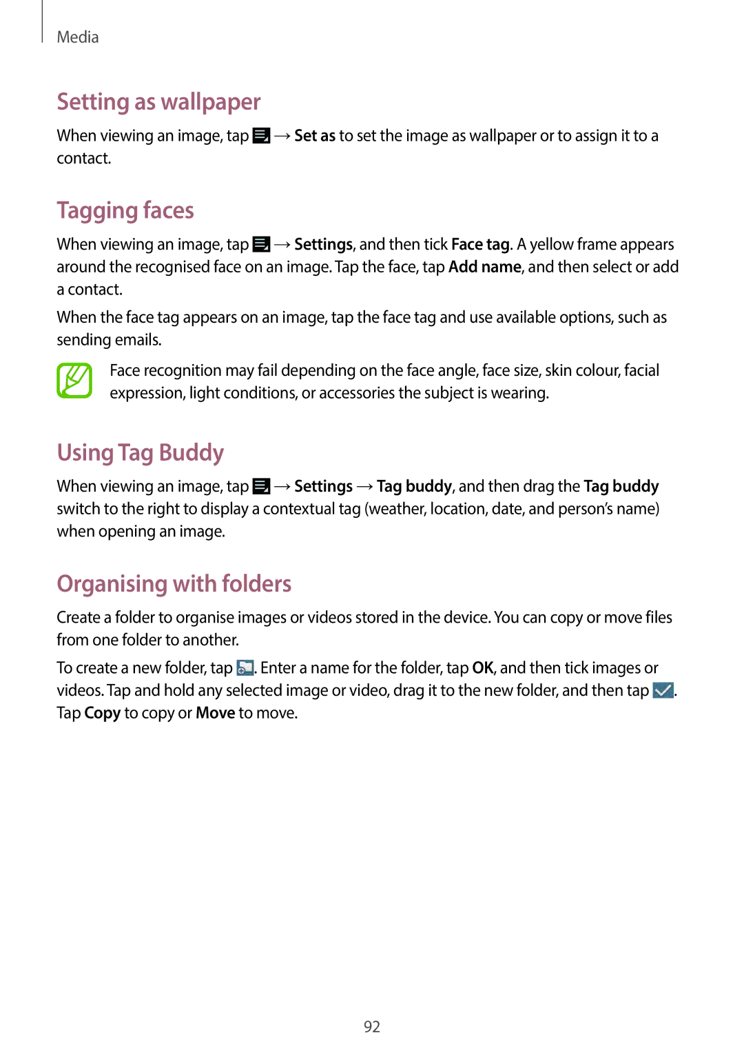 Samsung EKGC200ZKAXA, EKGC200ZWAXA user manual Setting as wallpaper, Tagging faces, Using Tag Buddy 