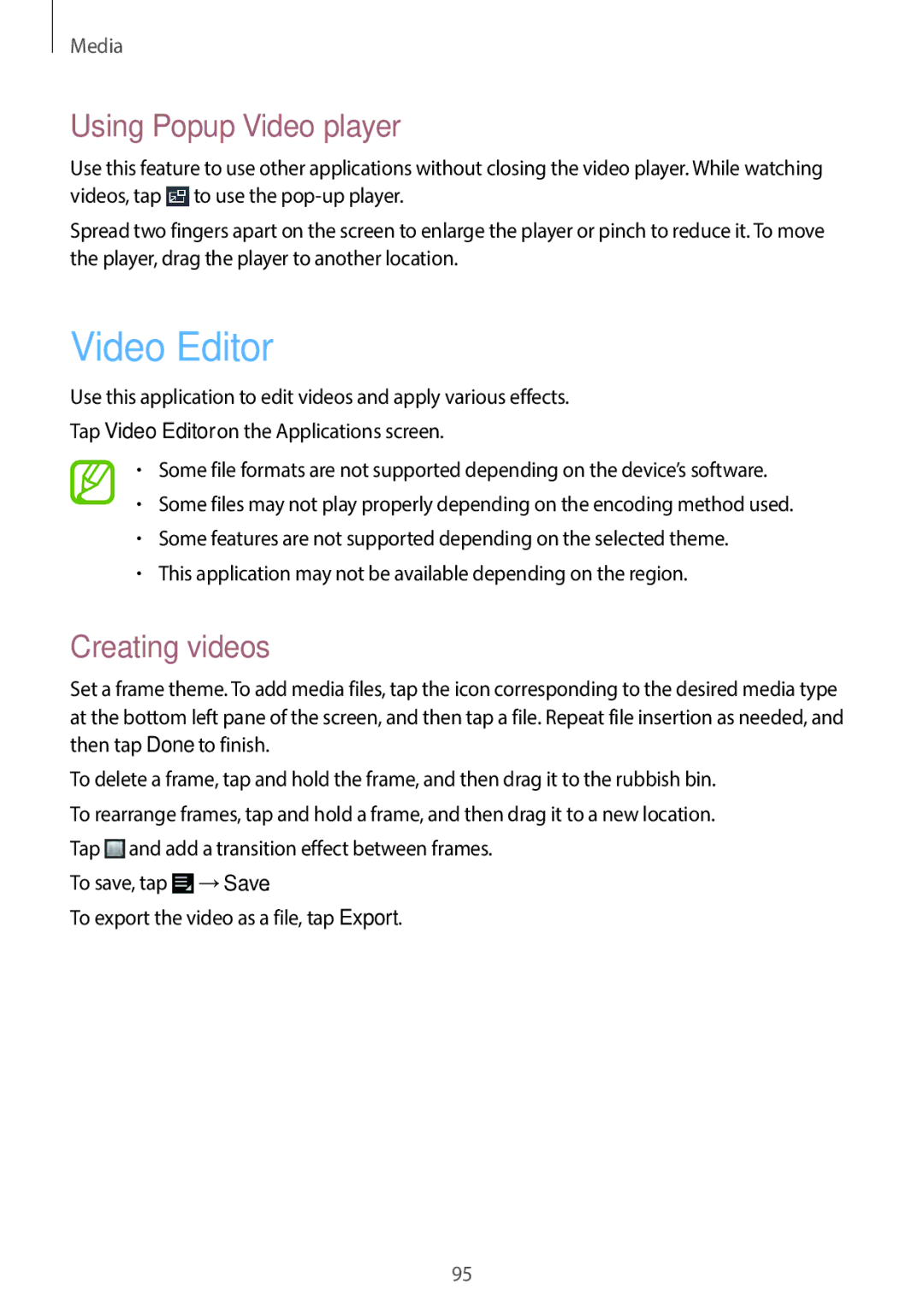 Samsung EKGC200ZWAXA, EKGC200ZKAXA user manual Video Editor, Using Popup Video player, Creating videos 