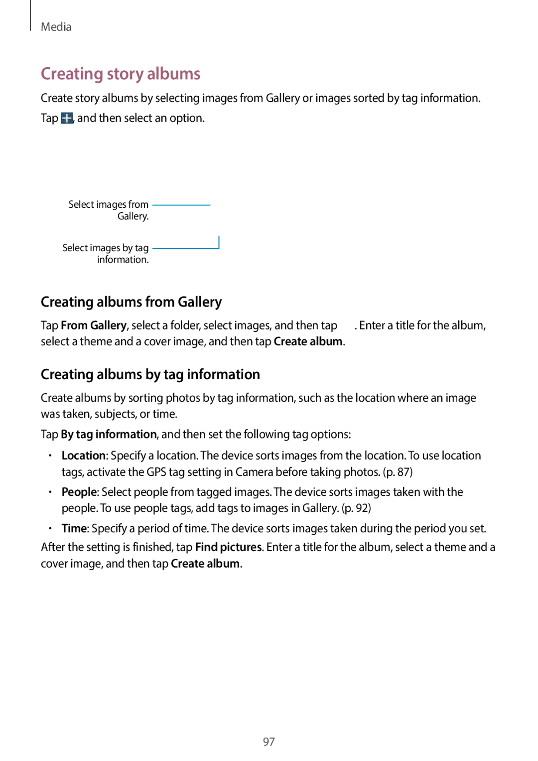Samsung EKGC200ZWAXA, EKGC200ZKAXA Creating story albums, Creating albums from Gallery, Creating albums by tag information 