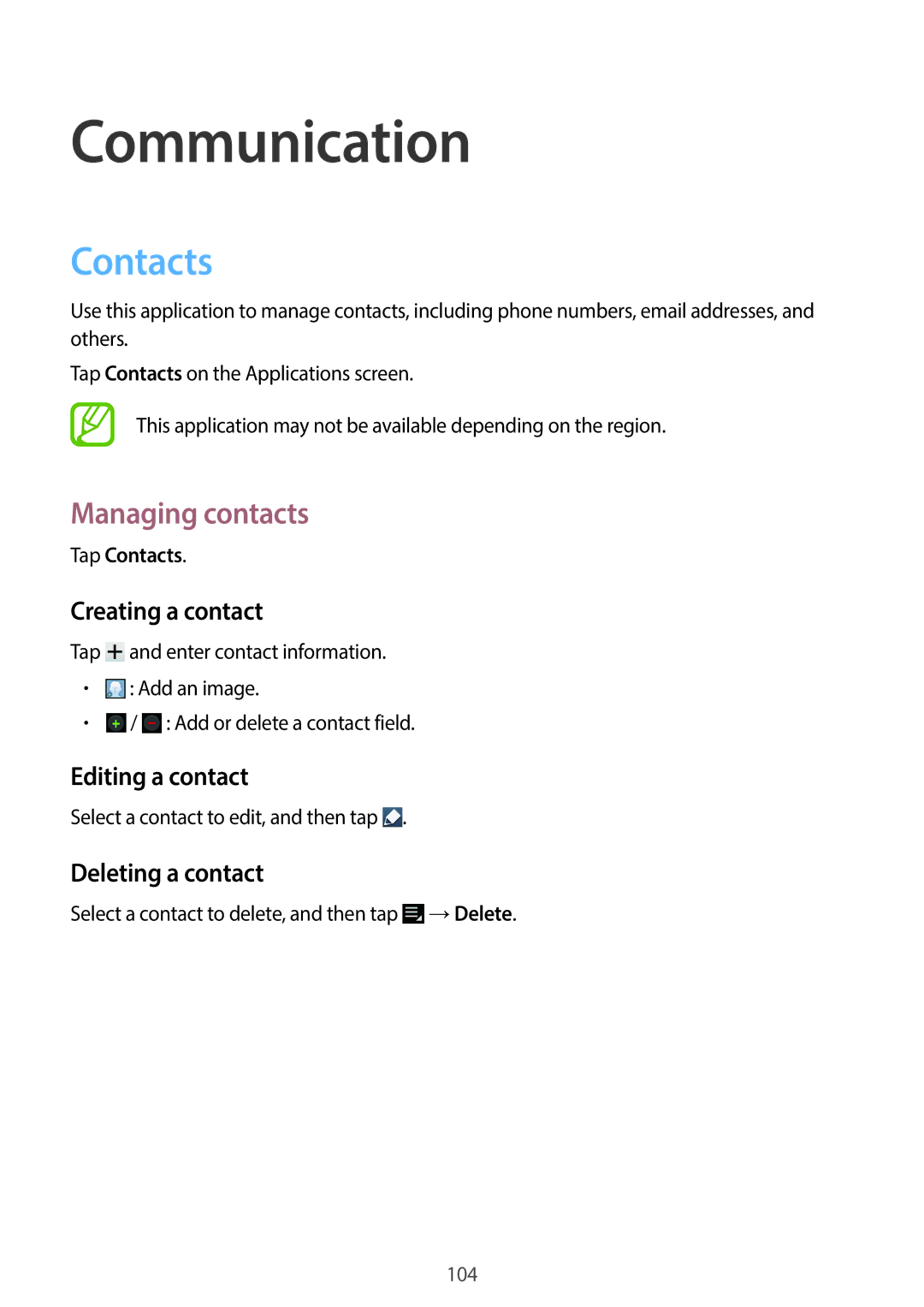 Samsung EKGC200ZWAXAR user manual Contacts, Managing contacts, Creating a contact, Editing a contact, Deleting a contact 