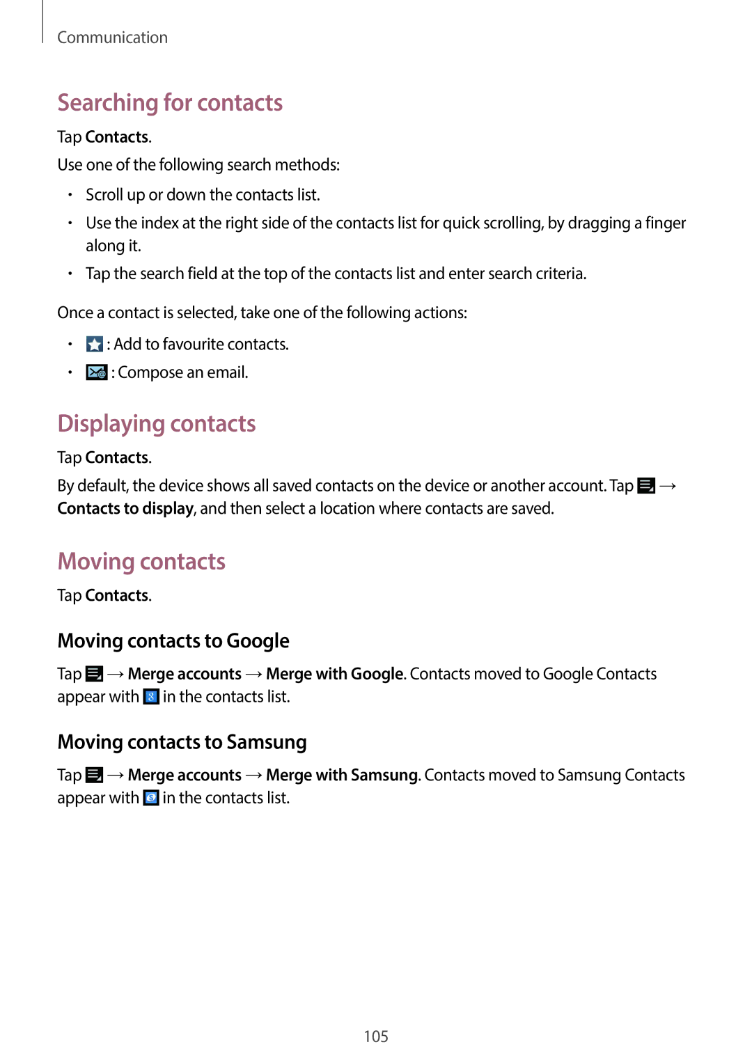 Samsung EK-GC200ZKAXAR, EKGC200ZWAXAR user manual Searching for contacts, Displaying contacts, Moving contacts to Google 