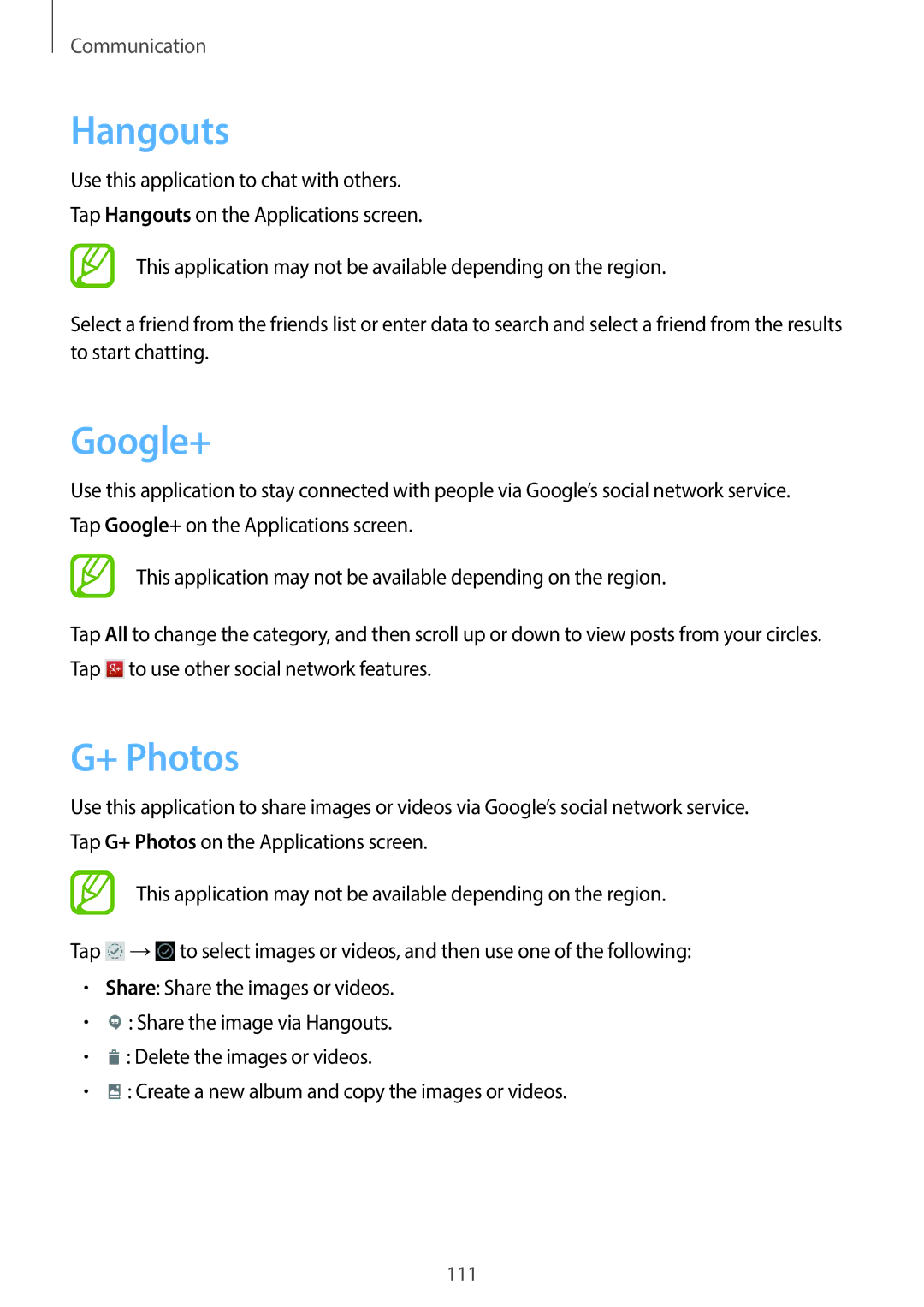 Samsung EKGC200ZKAXAR, EKGC200ZWAXAR, EK-GC200ZKAXAR, EK-GC200ZWAXAR user manual Hangouts, Google+, + Photos 