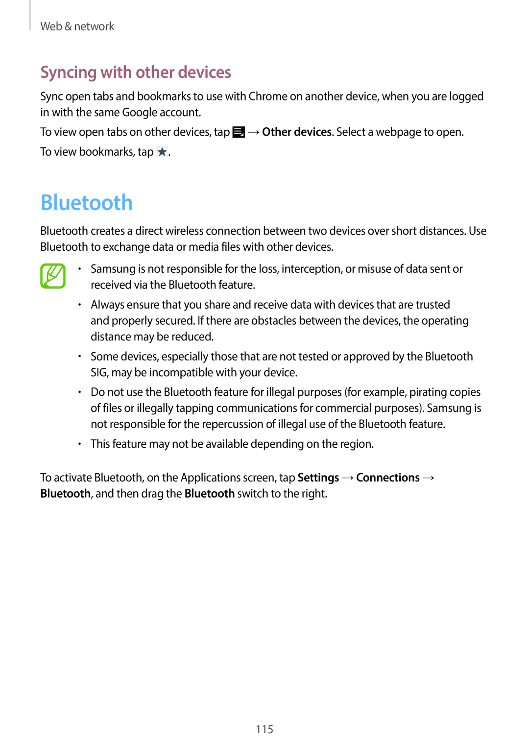 Samsung EKGC200ZKAXAR, EKGC200ZWAXAR, EK-GC200ZKAXAR, EK-GC200ZWAXAR user manual Bluetooth, Syncing with other devices 