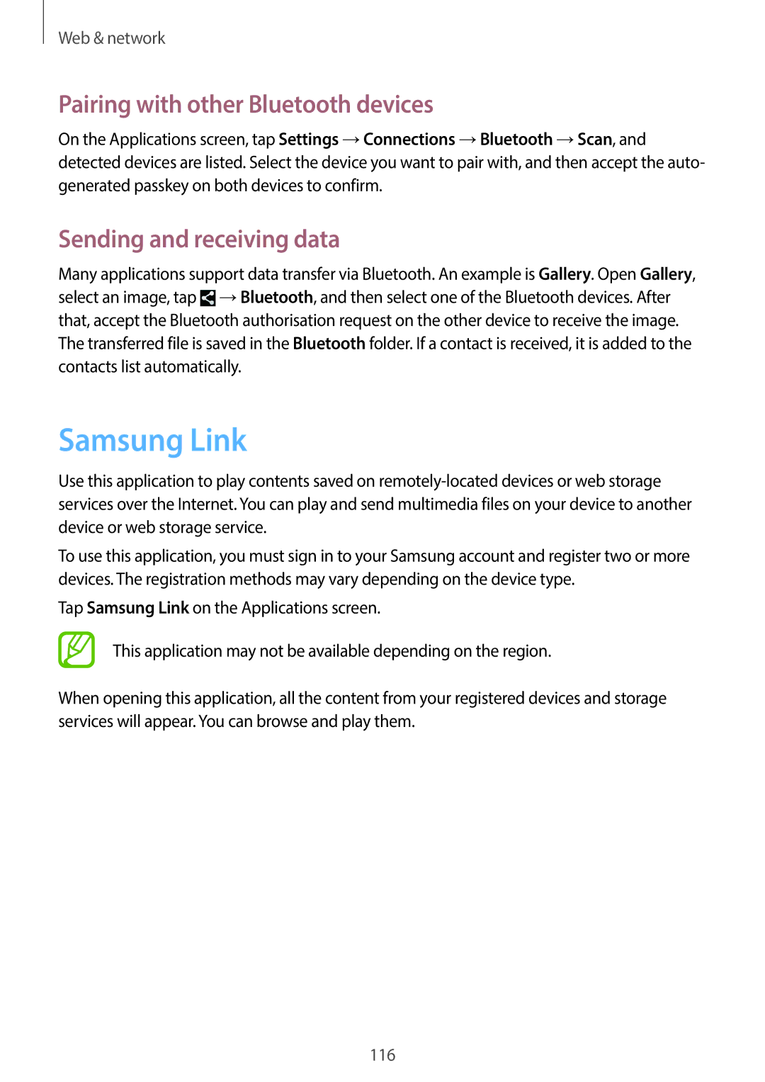 Samsung EKGC200ZWAXAR, EK-GC200ZKAXAR Samsung Link, Pairing with other Bluetooth devices, Sending and receiving data 