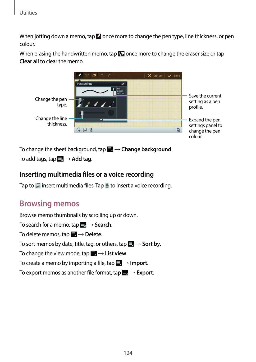 Samsung EKGC200ZWAXAR, EK-GC200ZKAXAR user manual Browsing memos, Inserting multimedia files or a voice recording, →Export 