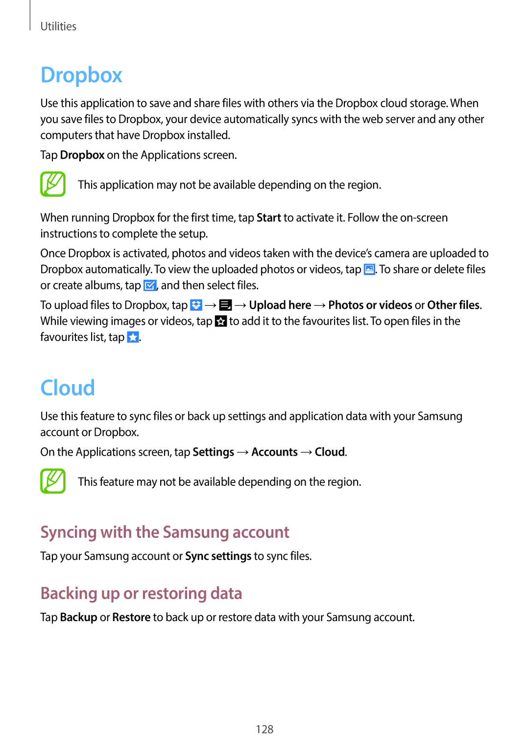 Samsung EKGC200ZWAXAR, EK-GC200ZKAXAR Dropbox, Cloud, Syncing with the Samsung account, Backing up or restoring data 