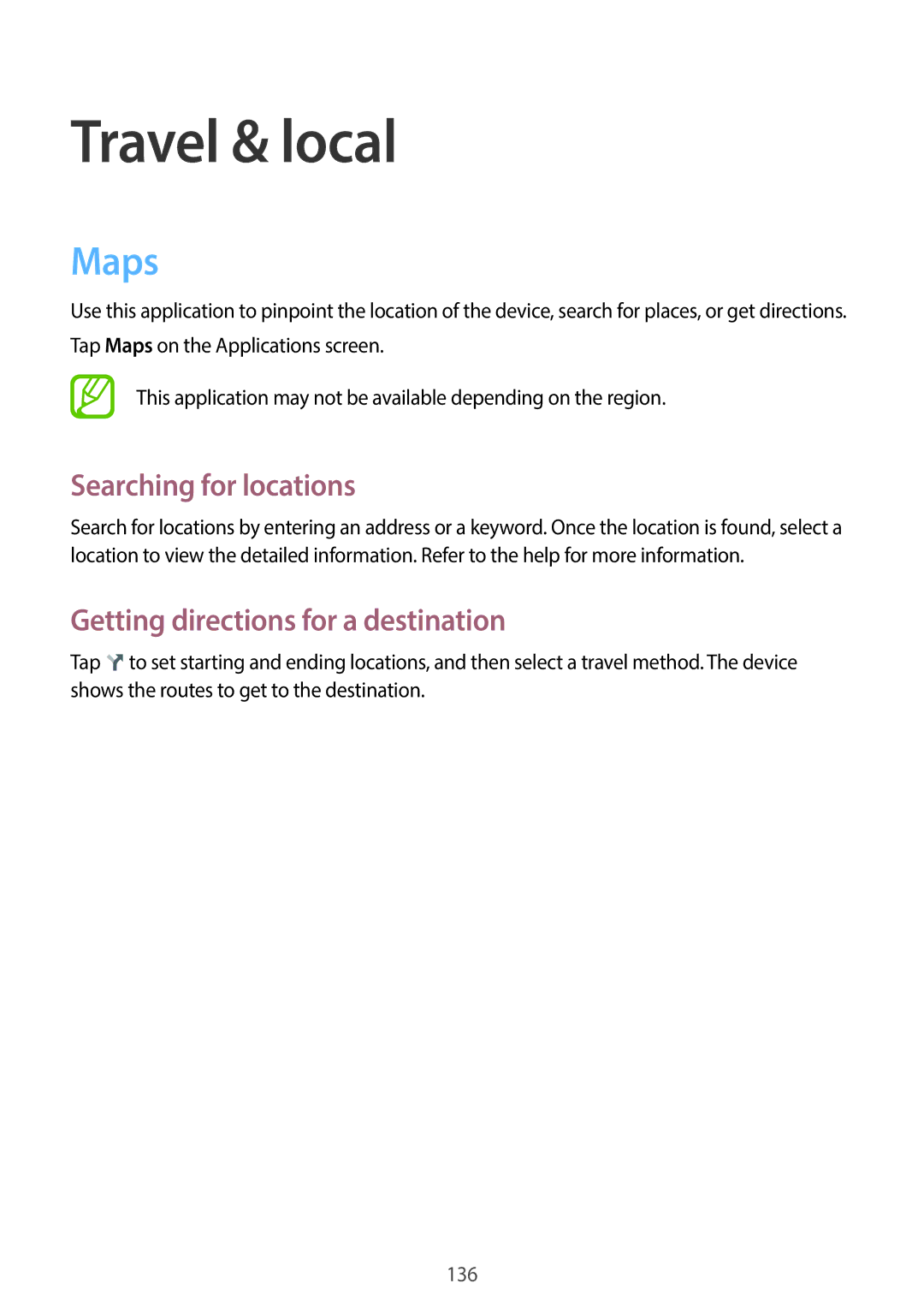 Samsung EKGC200ZWAXAR, EK-GC200ZKAXAR, EK-GC200ZWAXAR Maps, Searching for locations, Getting directions for a destination 