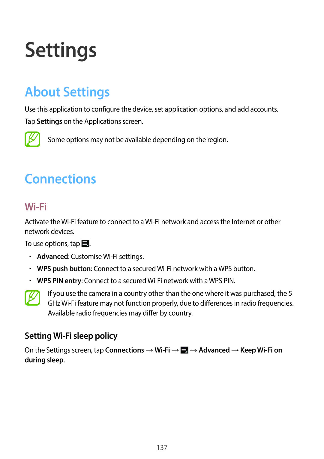 Samsung EK-GC200ZKAXAR, EKGC200ZWAXAR, EK-GC200ZWAXAR user manual About Settings, Connections, Setting Wi-Fi sleep policy 