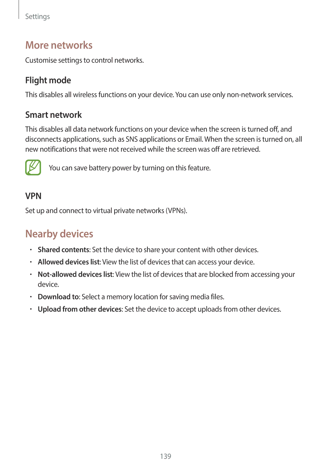 Samsung EKGC200ZKAXAR, EKGC200ZWAXAR, EK-GC200ZKAXAR user manual More networks, Nearby devices, Flight mode, Smart network 