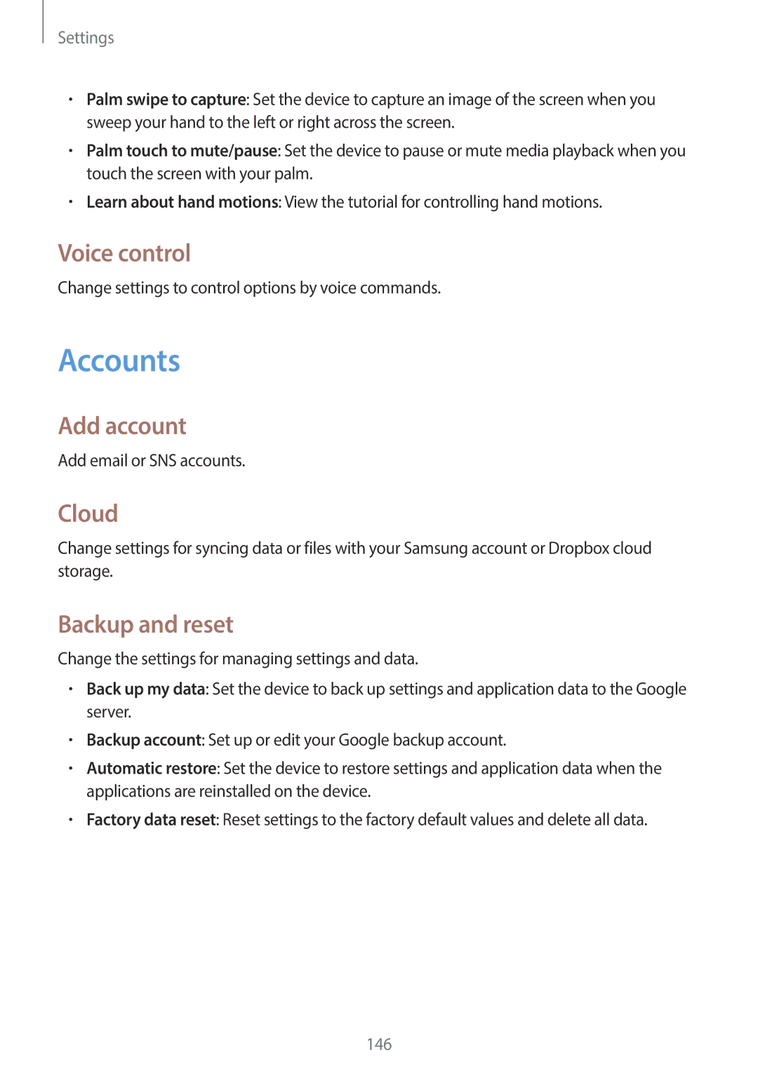 Samsung EK-GC200ZWAXAR, EKGC200ZWAXAR, EK-GC200ZKAXAR Accounts, Voice control, Add account, Cloud, Backup and reset 