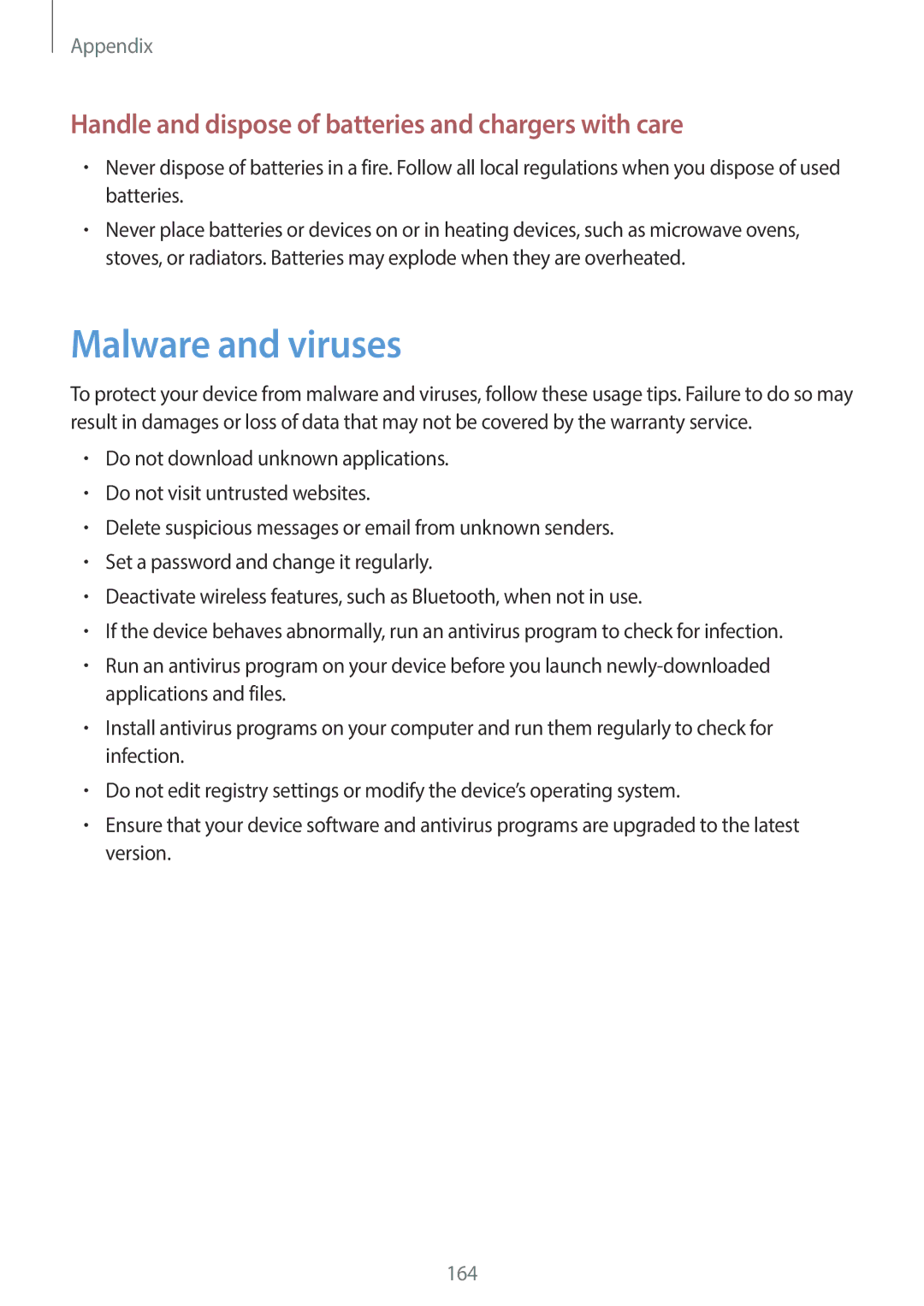 Samsung EKGC200ZWAXAR, EK-GC200ZKAXAR Malware and viruses, Handle and dispose of batteries and chargers with care 