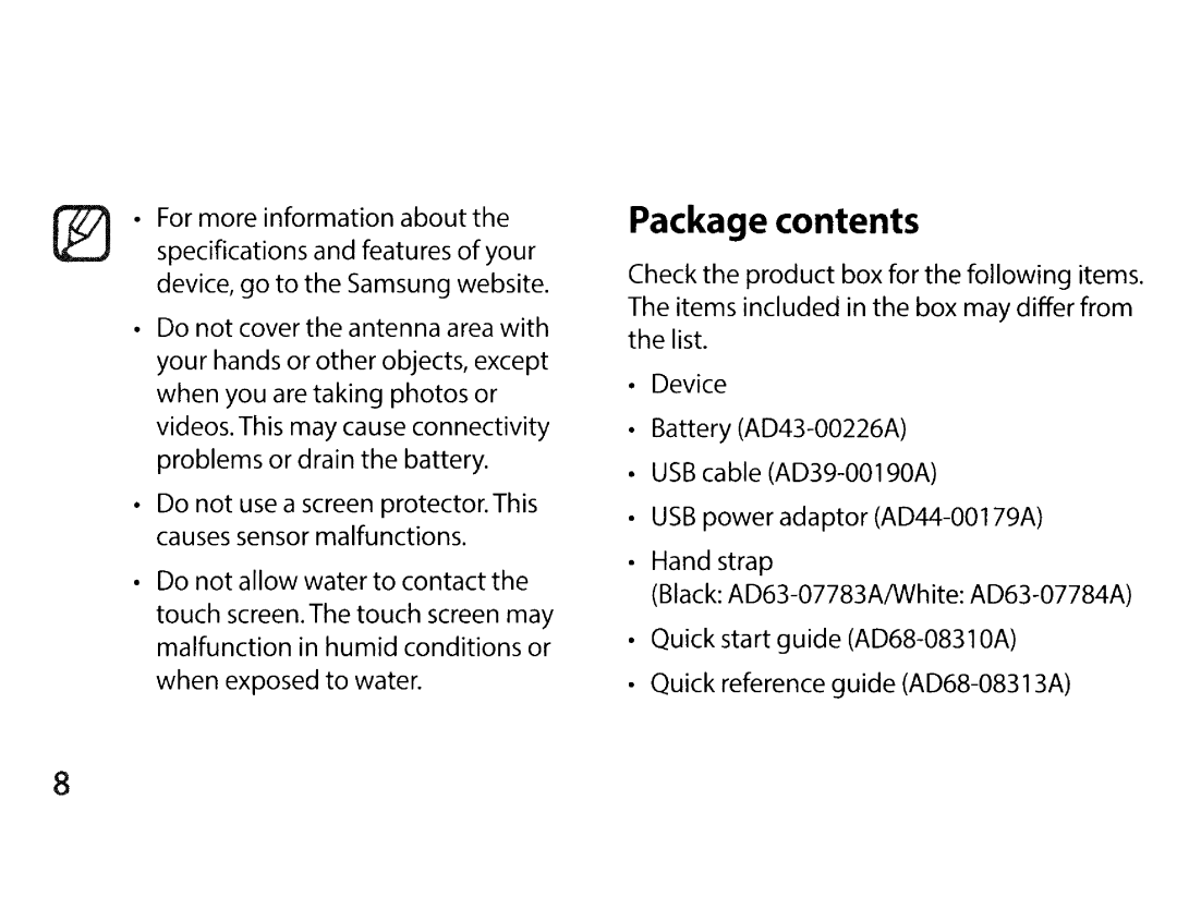 Samsung EK-GC200ZWAXAR, EKGC200ZWAXAR, EK-GC200ZKAXAR, EKGC200ZKAXAR user manual Package contents 