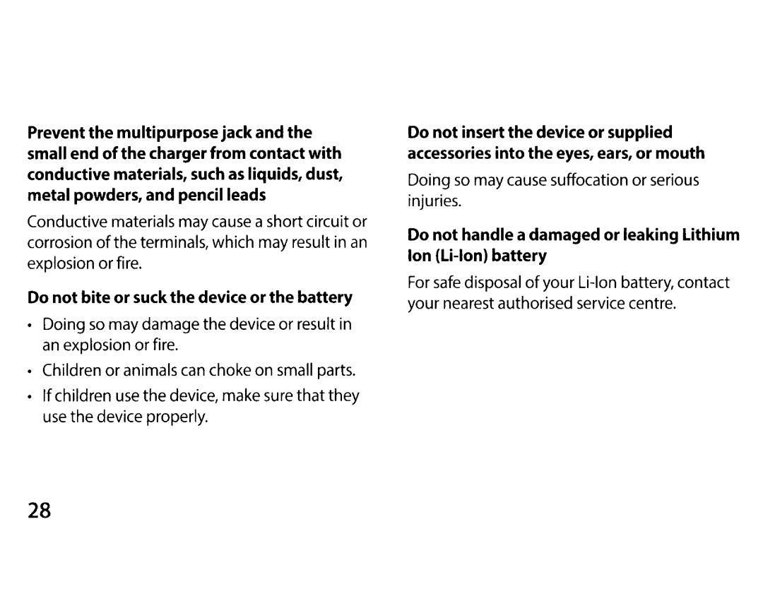 Samsung EK-GC200ZWAXAR user manual Do not bite or suck the device or the battery, Doing so may cause suffocation or serious 