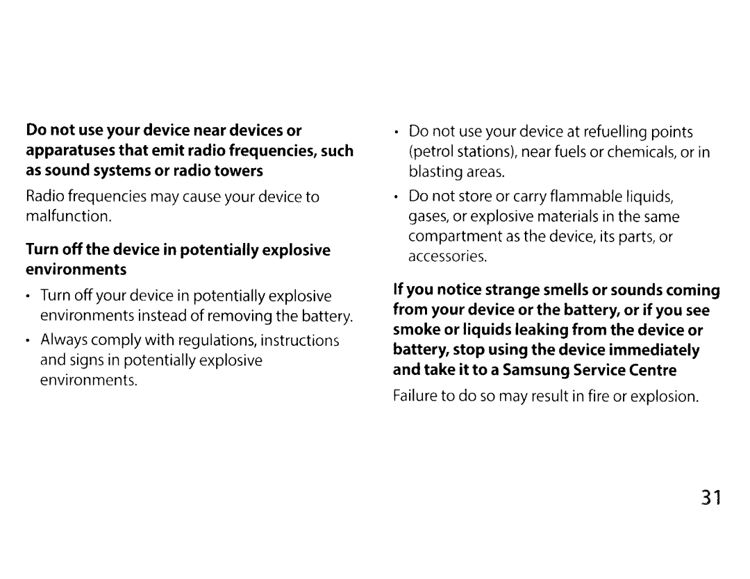 Samsung EK-GC200ZKAXAR Do not use your petrol stations, blasting areas, Radio, Frequencies may cause your device to 