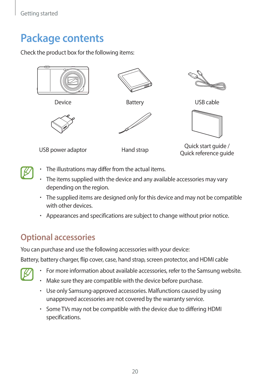 Samsung EKGC200ZWAXAR, EK-GC200ZKAXAR, EK-GC200ZWAXAR, EKGC200ZKAXAR user manual Package contents 