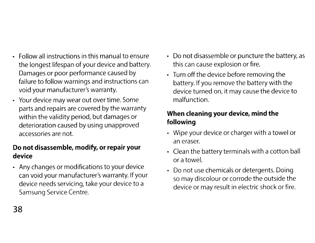 Samsung EKGC200ZWAXAR Follow all instructions in this manual to ensure, Longest lifespan of your device and battery 