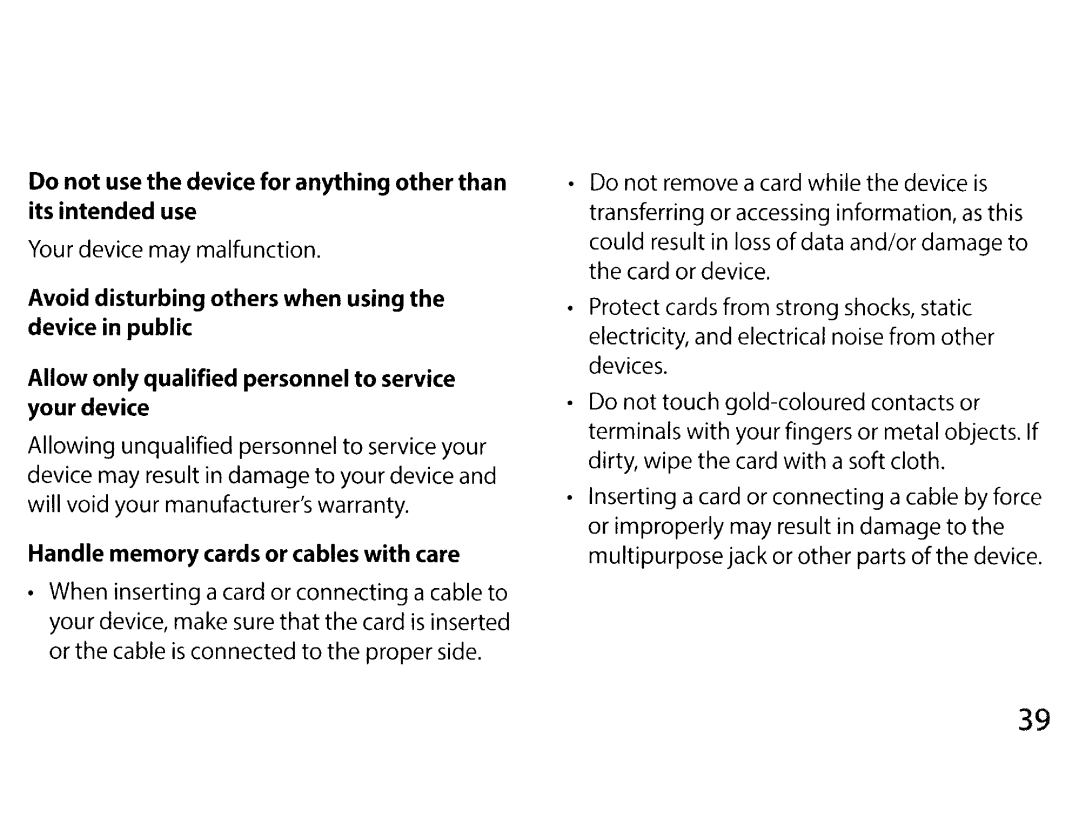 Samsung EK-GC200ZKAXAR, EKGC200ZWAXAR, EK-GC200ZWAXAR Handle memory cards or cables with care, Your device may malfunction 