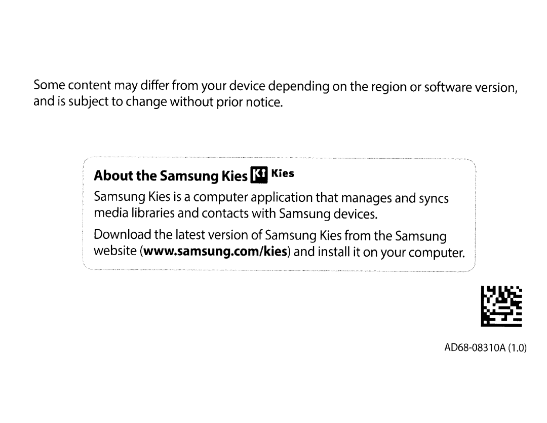 Samsung EK-GC200ZWAXAR, EKGC200ZWAXAR, EK-GC200ZKAXAR, EKGC200ZKAXAR user manual Kies, AD68-0831 