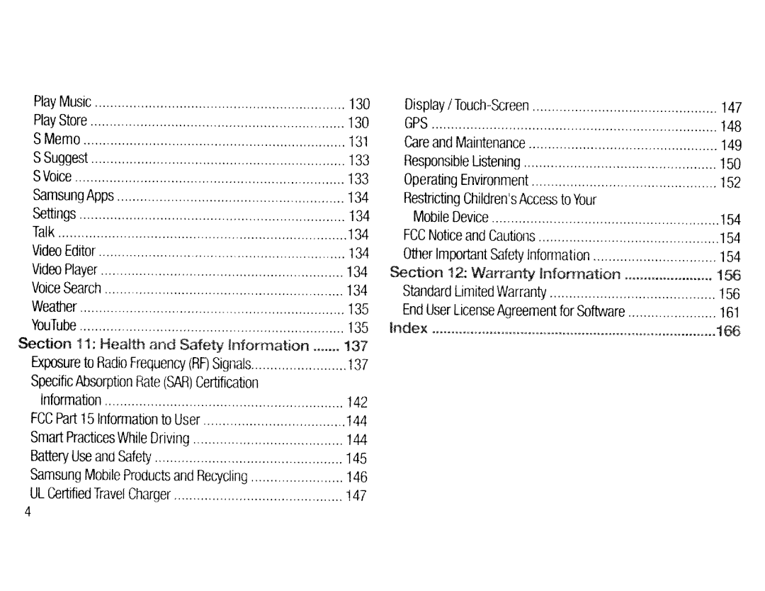 Samsung EK-GC200ZWAXAR SamsungApps, Health and Safety information 137, Information, 154, Section Warranty lnforrnation 156 