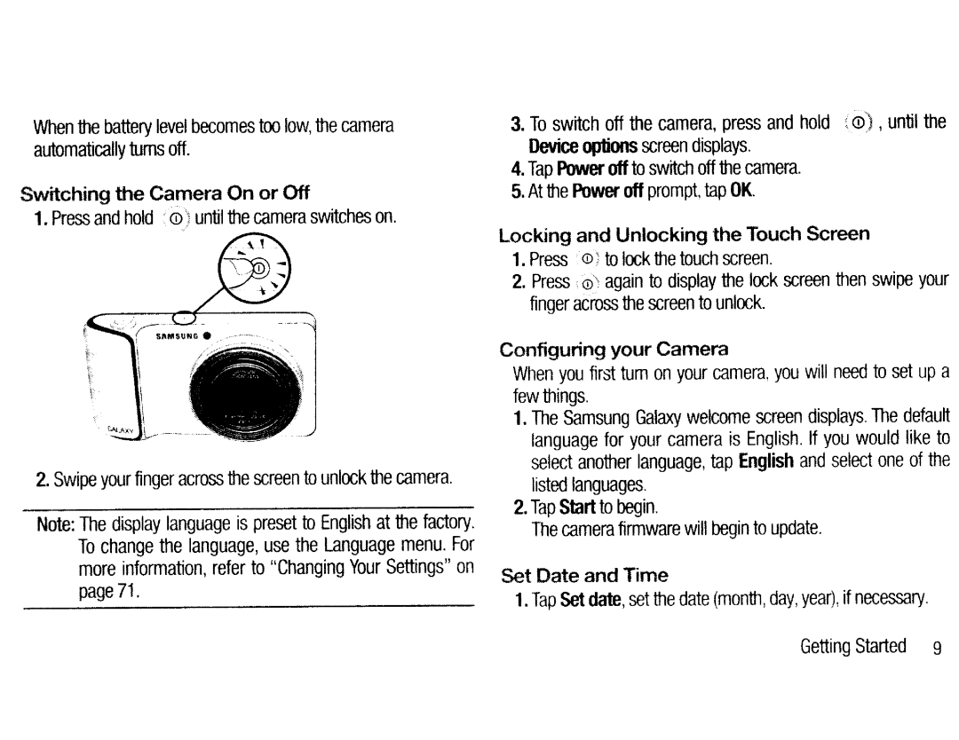 Samsung EKGC200ZKAXAR Switching the Camera On or Off, Locking and Unlocking the Touch Screen, Configuring your Camera 