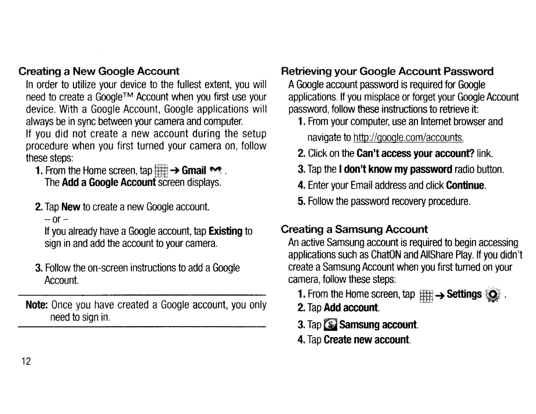 Samsung EK-GC200ZWAXAR Creating a New Google Account, Retrieving your Google Account Password, Creating a Samsung Account 