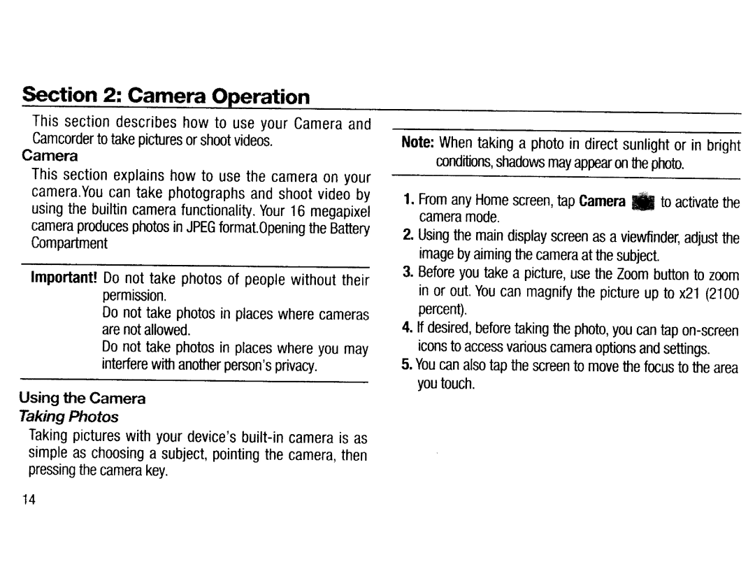 Samsung EKGC200ZWAXAR Section describes how to use your Camera, Explains, Your, Take, Using the builtin, Using the Camera 