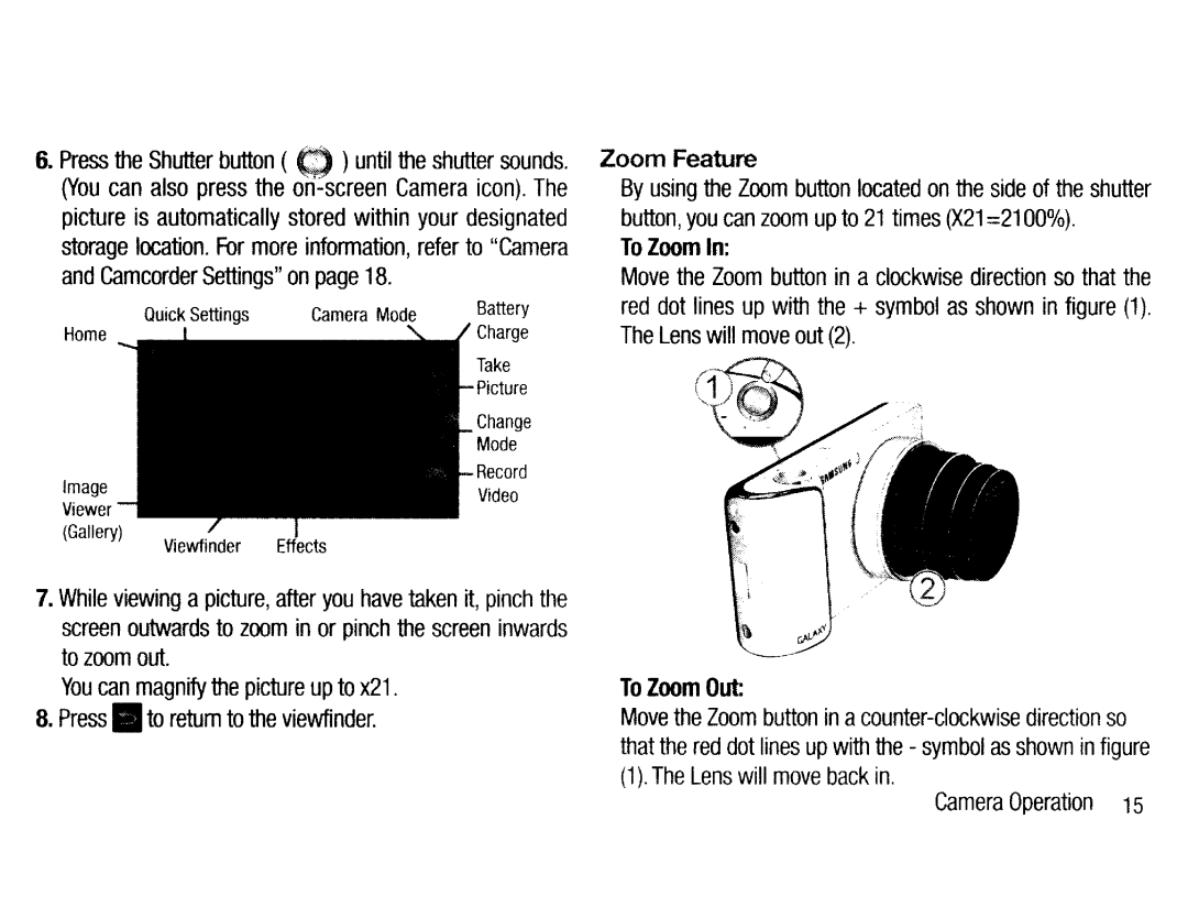 Samsung EK-GC200ZKAXAR Zoom Feature, By using the Zoom button located on the side of the shutter, To Zoom Out 