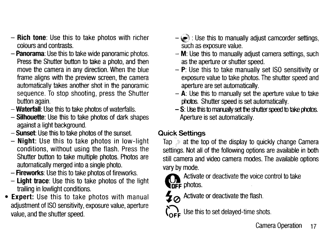 Samsung EKGC200ZKAXAR Rich tone Use this to take photos with richer, Shooting, press the Shutter, Night Use, Take, Flash 