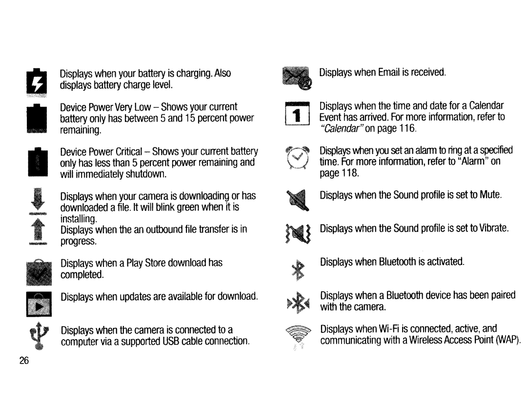 Samsung EKGC200ZWAXAR user manual Displays battery charge level, Shows your current, Remaining, Will immediately shutdown 