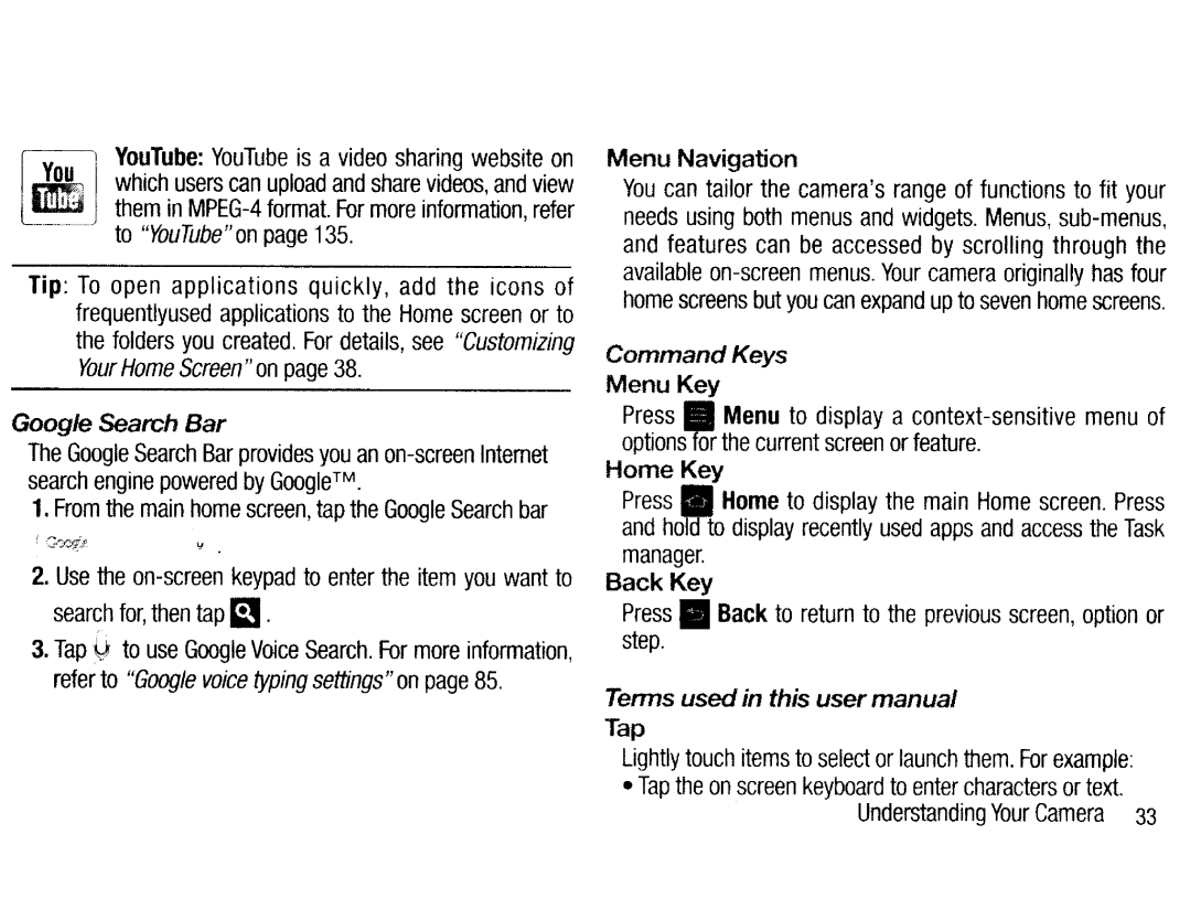 Samsung EKGC200ZKAXAR, EKGC200ZWAXAR Open applications quickly, add the icons, Menu Navigation, Command Keys, Home Key 