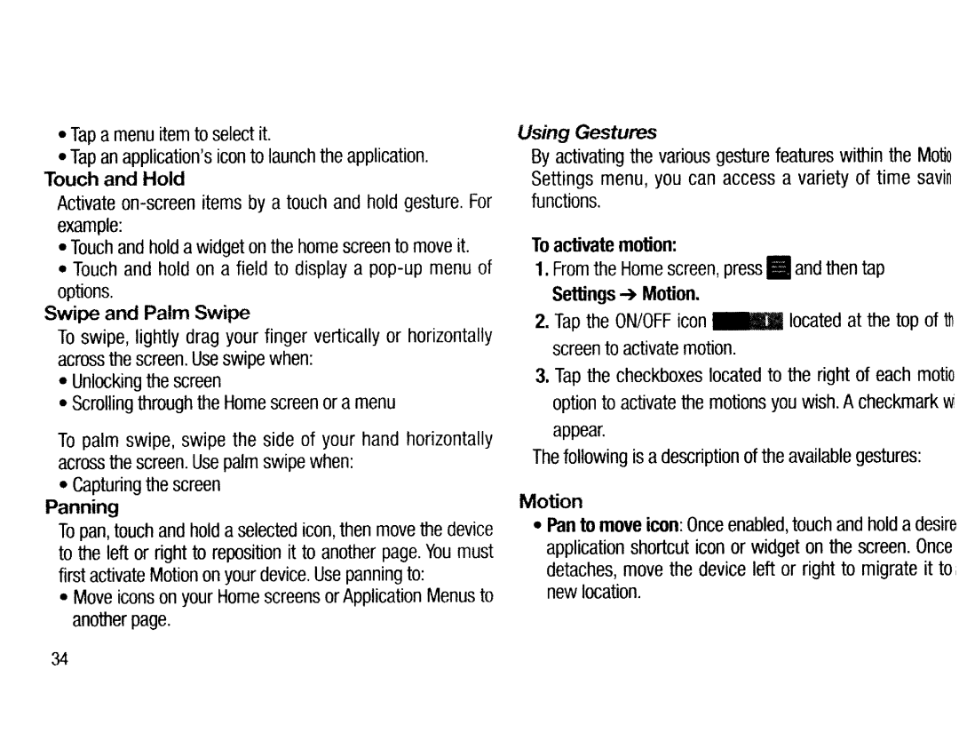 Samsung EKGC200ZWAXAR Touch and Hold, Using Gestures, To activate motion, Swipe and Palm Swipe, Panning, Settings ~ Motion 