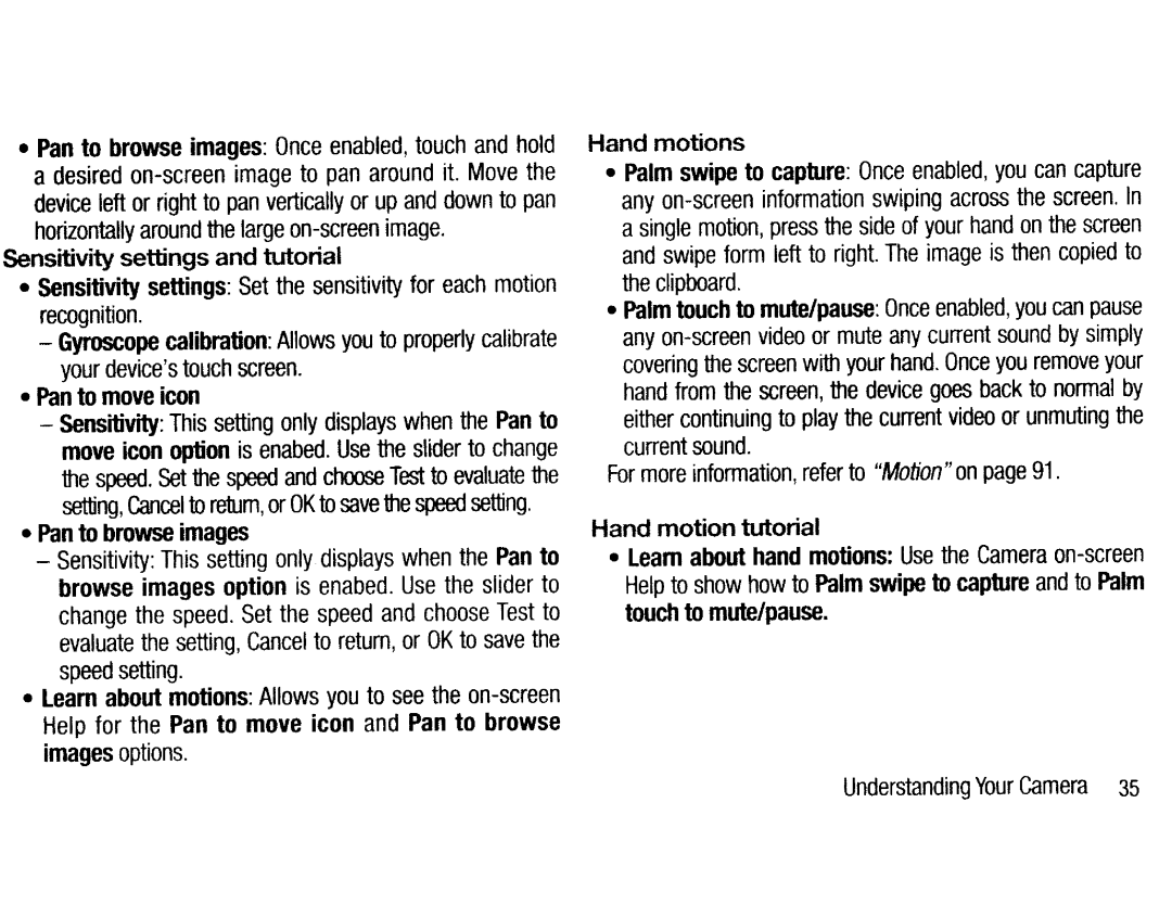 Samsung EK-GC200ZKAXAR Sensitivity settings, Hand motions, Palm swipe to, Browse images option is enabed, Pan to browse 