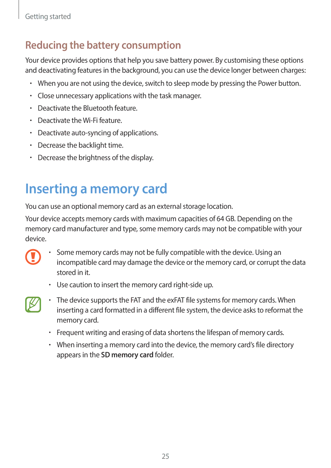 Samsung EK-GC200ZKAXAR, EKGC200ZWAXAR, EK-GC200ZWAXAR user manual Inserting a memory card, Reducing the battery consumption 